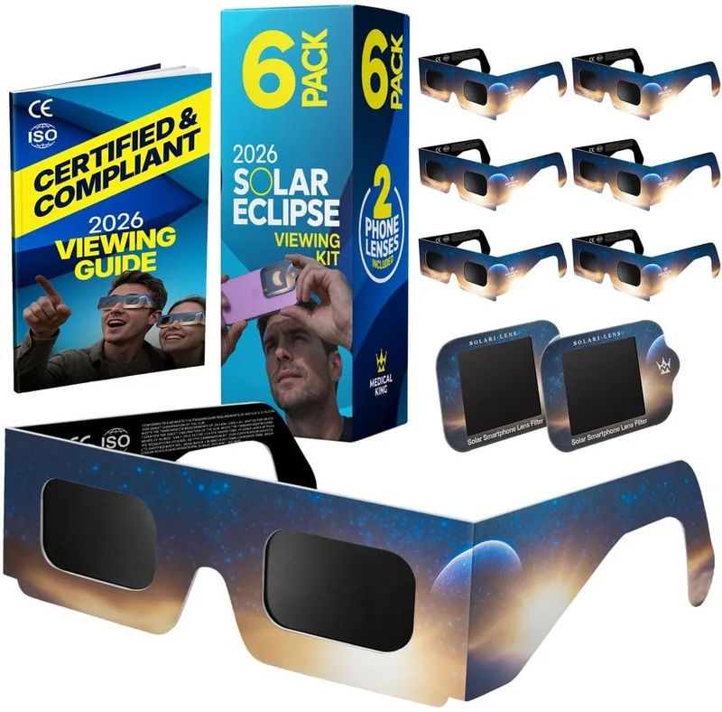 Medical king ▫️ 6 Óculos de eclipse solar aprovados pela ISO 12312-2 - Pacote de 6 com 2 lentes fotográficas para smartphone Aprovado pela ISO, certificado pela CE: Óculos de eclipse solar 2026