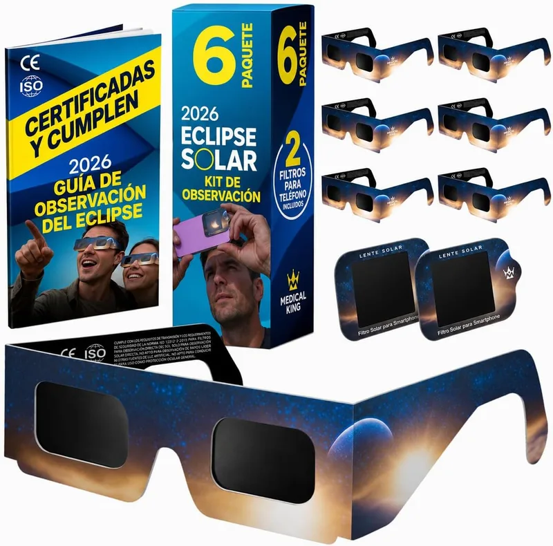 Medical king ▫️ Óculos para eclipses solares, homologados segundo a norma ISO 12312-2 — Incluem 2 lentes fotográficas para smartphone, aprovadas de acordo com a norma ISO e com certificação CE: Óculos para observar o eclipse solar de 2026