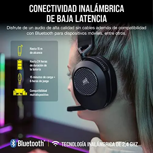 Corsair ▫️ Auscultadores para jogos multiplataforma sem fios HS65 com Bluetooth - Som envolvente Dolby 7.1 - Microfone omnidirecional - iCUE - PC, Mac, PS5, PS4, Nintendo Switch, telemóvel - Carbono 3