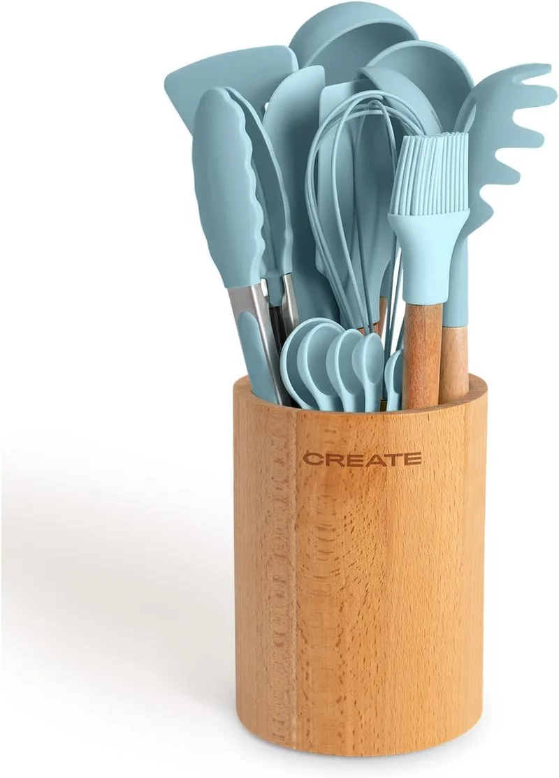 CREATE ▫️ /Conjunto de utensílios azul e madeira / 11 utensílios, silicone e madeira de faia, sem BPA, resistentes ao calor até 230 °C