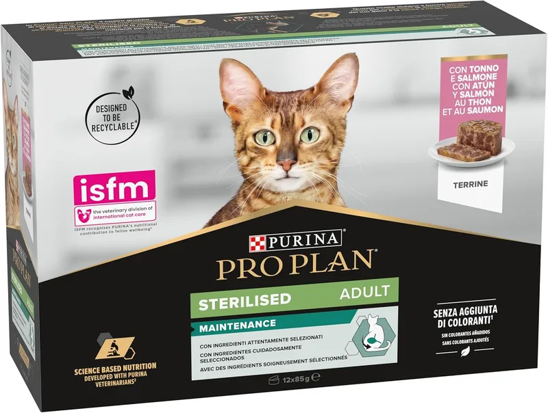 Pro Plan ▫️ Purina Wet Food for Sterilised Cat Salmon & Tuna, 8 embalagens de 12 latas de 85g