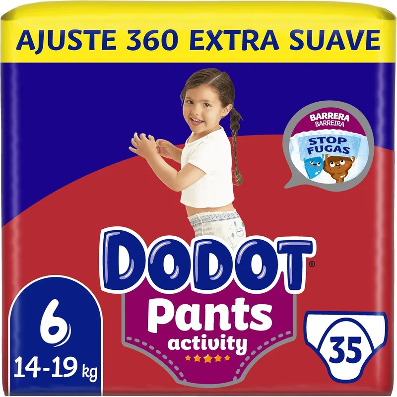 DODOT ▫️ Activity Pants – Fralda-Calcinha, Tamanho 6, 35 fraldas, 14 kg-19 kg, com barreira STOP Fugas que ajuda a prevenir fugas traseiras