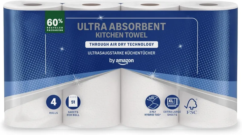 by Amazon ▫️ da Amazon: Rolo de cozinha TAD ultraabsorvente, 4 rolos (embalagem de 1), 51 folhas por rolo, com certificação FSC