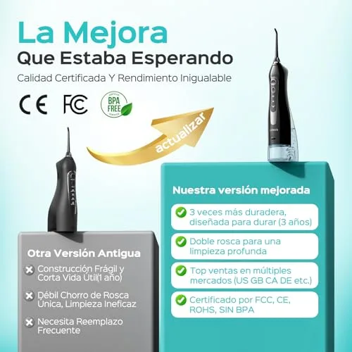 COSLUS ▫️ C20 Irrigador Oral Portátil Flosser: Irrigador dentário sem fios de 300 ml para limpeza dentária, com jato duplo de água, à prova de água (IPX7), para limpeza dentária em casa, na casa de banho e em viagem, preto 2