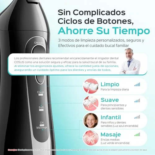 COSLUS ▫️ C20 Irrigador Oral Portátil Flosser: Irrigador dentário sem fios de 300 ml para limpeza dentária, com jato duplo de água, à prova de água (IPX7), para limpeza dentária em casa, na casa de banho e em viagem, preto 3