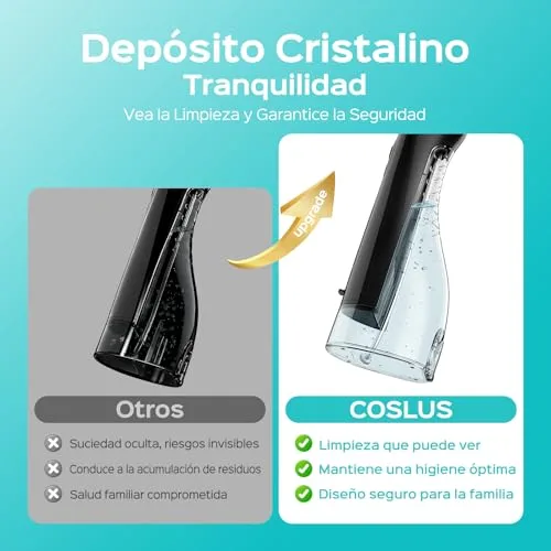 COSLUS ▫️ C20 Irrigador Oral Portátil Flosser: Irrigador dentário sem fios de 300 ml para limpeza dentária, com jato duplo de água, à prova de água (IPX7), para limpeza dentária em casa, na casa de banho e em viagem, preto 5