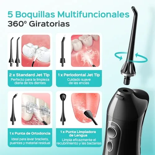 COSLUS ▫️ C20 Irrigador Oral Portátil Flosser: Irrigador dentário sem fios de 300 ml para limpeza dentária, com jato duplo de água, à prova de água (IPX7), para limpeza dentária em casa, na casa de banho e em viagem, preto 6