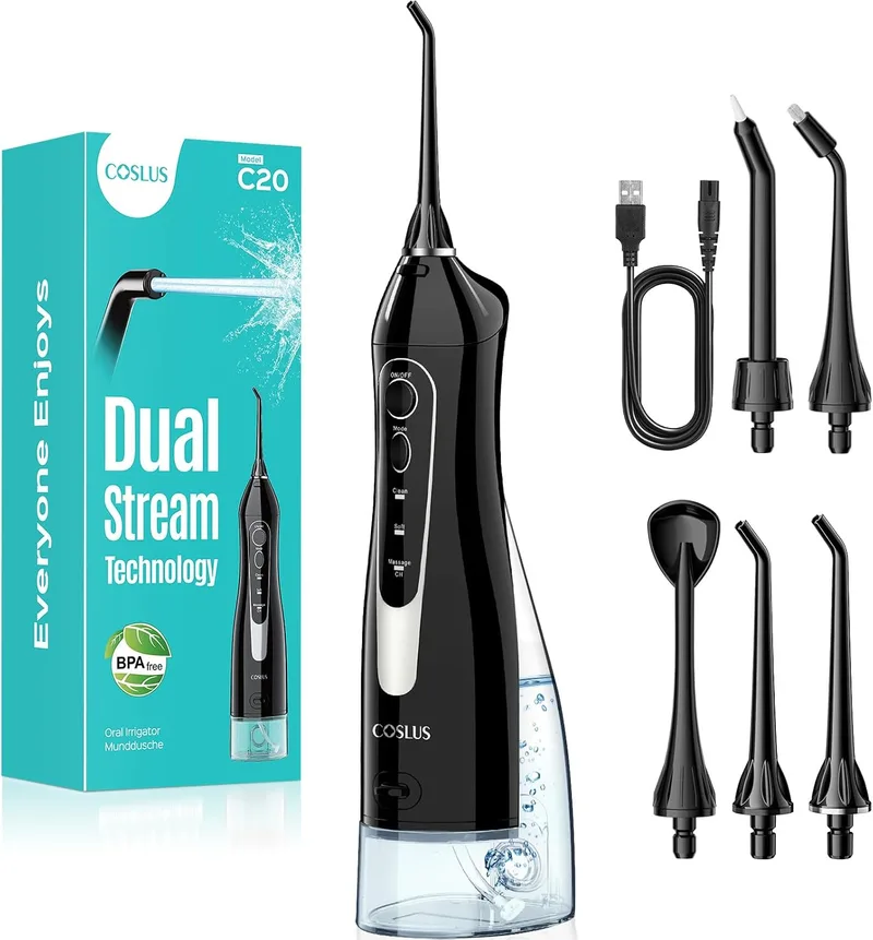 COSLUS ▫️ C20 Irrigador Oral Portátil Flosser: Irrigador dentário sem fios de 300 ml para limpeza dentária, com jato duplo de água, à prova de água (IPX7), para limpeza dentária em casa, na casa de banho e em viagem, preto