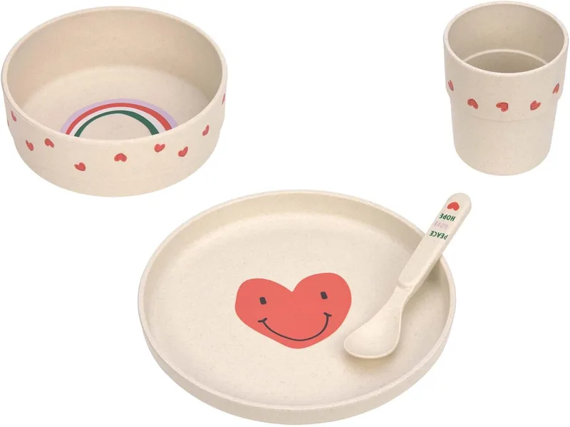 Lässig ▫️ Conjunto de louça infantil (prato, taça, caneca, colher) sem BPA, adequado para a máquina de lavar louça e micro-ondas/Conjunto de louça em PP/celulose Happy Rascals Heart lavender