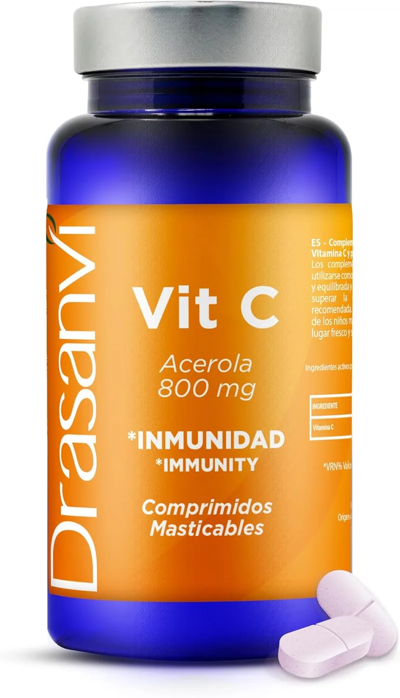 Drasanvi ▫️ VITAMINA C NATURAL MASTIGÁVEL | Potente antioxidante | Fundamental para a síntese de colagénio | Sistema nervoso | Vitaminas para o cansaço 800 mg | 60 comprimidos Mastigáveis = 60 dias | Potente antioxidante, ajuda o sistema nervoso e a síntese de colagénio - Vitamina C natural mastigáv
