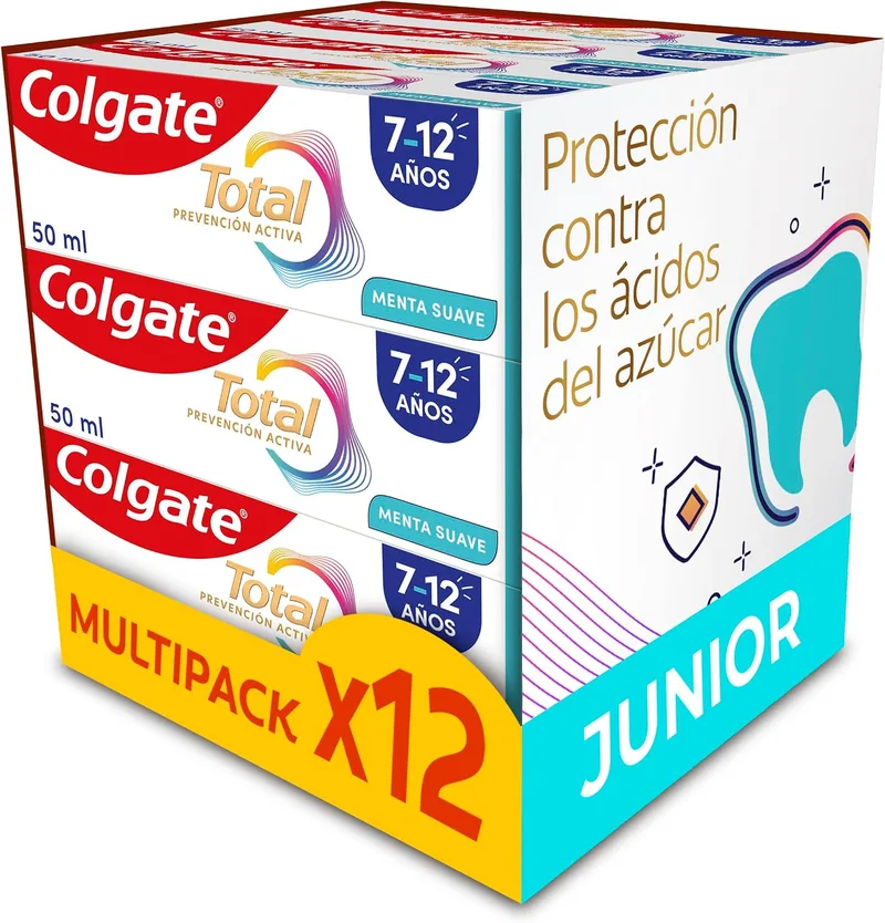 Colgate ▫️ Total Junior | Pasta de dentes para crianças | Proteção completa | Contém flúor | Proteção anticárie | Ingredientes antibacterianos | Produto reciclável | Embalagem de 12 unidades de 50 ml
