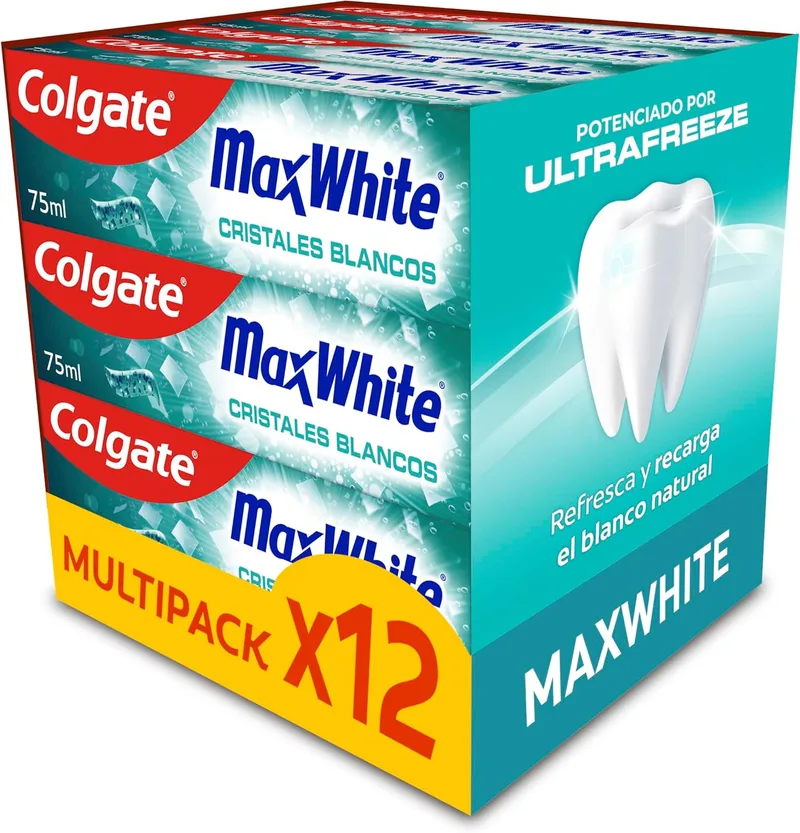 Colgate ▫️ Pasta de dentes Max White White Crystals 12x75ml, frescura reforçada por UltraFreeze, 10x mais duradoura, devolve o branco natural dos seus dentes, explosão instantânea de frescura