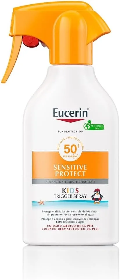 Eucerin ▫️ Sun Kids Sensitive Protect Spray Trigger SPF50+ (250 ml), creme solar com filtros UV, protetor solar infantil em spray resistente à água, proteção solar para peles sensíveis