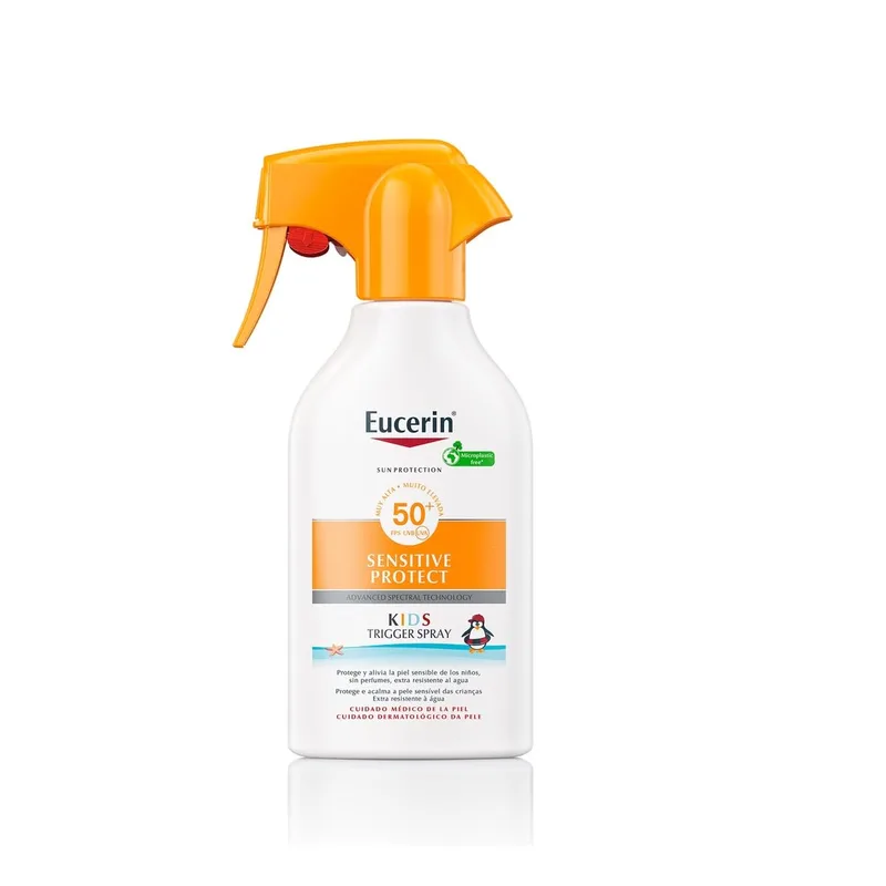 Eucerin ▫️ Sun Kids Sensitive Protect Spray Trigger FPS50+ (250 ml), creme solar com filtros UV, protetor solar infantil em spray resistente à água, proteção solar para peles sensíveis