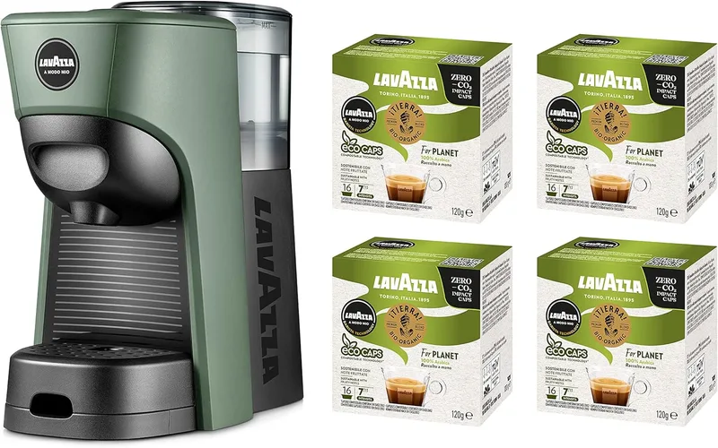 Lavazza ▫️ A Modo Mio - Máquina de café Tiny Eco verde com 64 cápsulas «Tierra!» sortidas, máquina de café expresso em plástico reciclado, 1450 W, 220-240 V, 50/60 Hz, 0,6 litros