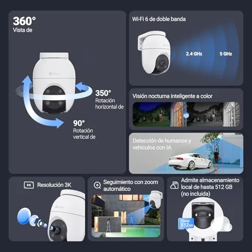 EZVIZ ▫️ Câmara de vigilância Wi-Fi exterior 360°, 3K, visão noturna a cores, deteção de pessoas/veículos por IA, acompanhamento com zoom automático, áudio bidirecional, sirene, compatível com Alexa/Google, C8c 5 MP 2