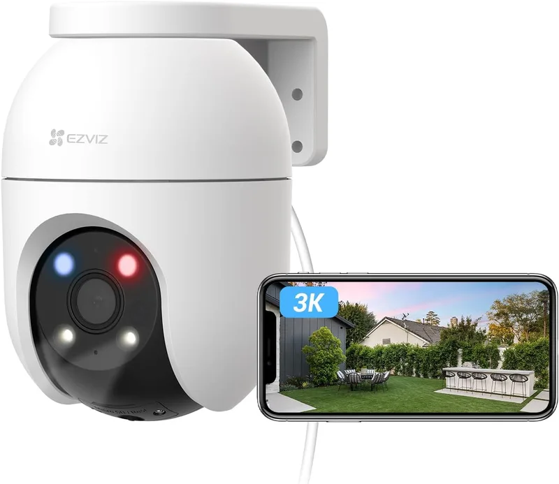 EZVIZ ▫️ Câmara de vigilância Wi-Fi exterior 360°, 3K, visão noturna a cores, deteção de pessoas/veículos por IA, acompanhamento com zoom automático, áudio bidirecional, sirene, compatível com Alexa/Google, C8c 5 MP
