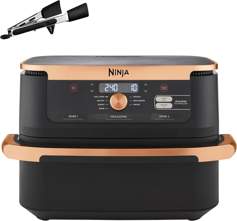 Ninja ▫️ Fritadeira de ar de zona dupla Foodi FlexDrawer, 10,4 L, fritadeira de ar, 7 em 1, fritadeira sem óleo com 2 cestos e divisória amovível, pega, cozer, fritar, pinças incluídas, preto e cobre, AF500EUCP