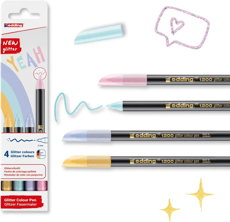 Edding ▫️ 1200 - Conjunto de 4 canetas brilhantes - Tons pastel - Tinta redonda de 3 mm