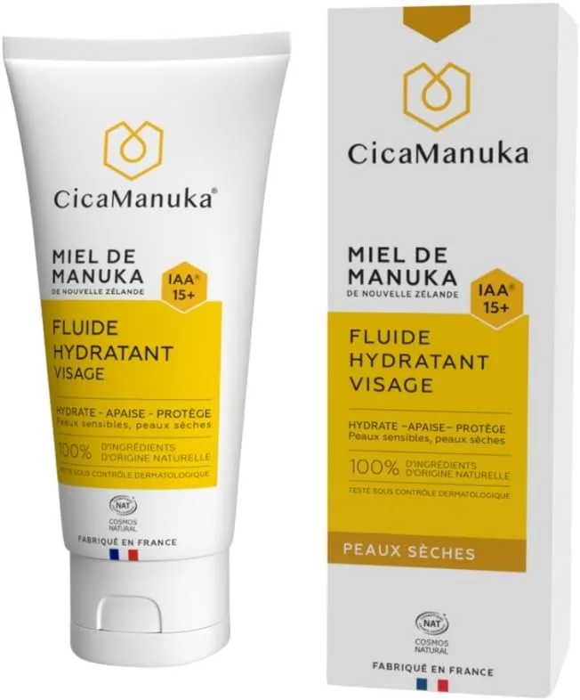 CICAMANUKA ▫️ Fluido Hidratante com Mel de Manuka IAA15+ - Proporciona uma hidratação óptima durante todo o dia para peles sensíveis e secas - Certificado Cosmos Natural - 50 ml