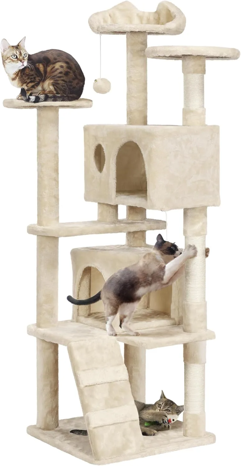 Yaheetech ▫️ Árvore de arranhar para gatos com 2 nichos e 3 plataformas 2 bolas de sisal multinível Altura 158cm Ideal para 3-4 gatos Cor bege