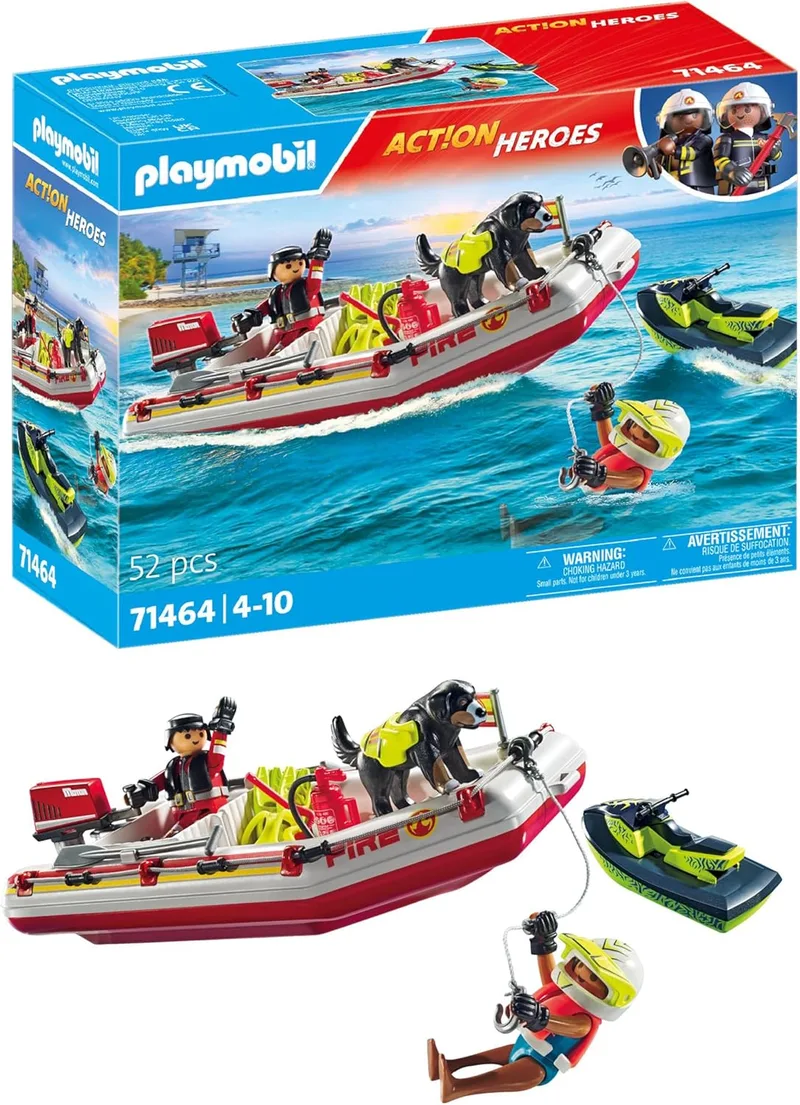 PLAYMOBIL ▫️ Heróis de Ação 71464 Barco de Bombeiros com Jet Ski, salvamento emocionante, com óculos de mergulho e barbatanas, Jogo de Interpretação Imaginativo e Divertido, Brinquedos para crianças com mais de 4 anos