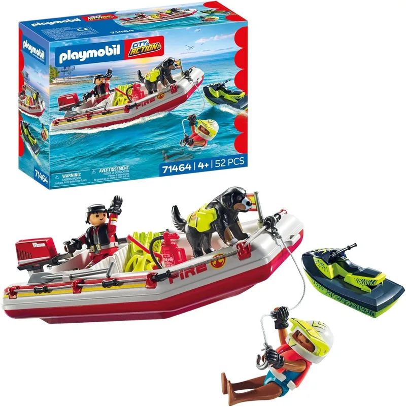 PLAYMOBIL ▫️ Action Heroes 71464 Barco dos Bombeiros com Moto Aquática, Resgate emocionante, com Óculos de Mergulho e Barbatanas, Jogos de representação criativos e divertidos, Brinquedos para crianças a partir dos 4 anos