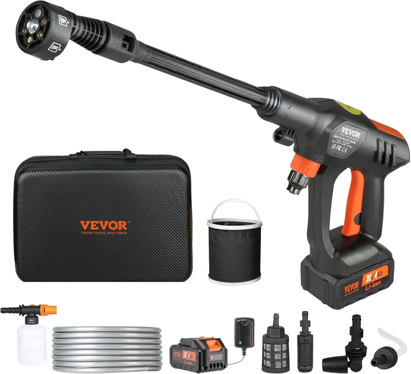 VEVOR ▫️ 21V Cordless Battery Powered High Pressure Washer Máquina de limpeza portátil de alta potência 652PSI 50bar Power Washer 4L/min 4.0Ah Battery Charger for Yard, Garden, Car Cleaning