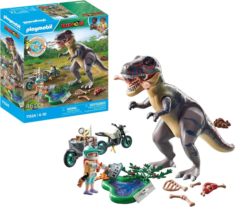 PLAYMOBIL ▫️ Dinos 71524 T-Rex e rastreador, emocionante caça ao Tiranossauro Rex, com mota, câmara e ossos de dinossauro verdadeiros, brinquedos detalhados para crianças a partir dos 4 anos