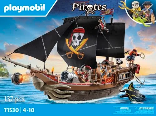 PLAYMOBIL ▫️ Pirates 71530 Grande Navio Pirata, emocionante batalha naval e caça ao tesouro secreta em alto mar, incluindo canhões, projéteis e âncora, brinquedos para crianças a partir dos 4 anos 4