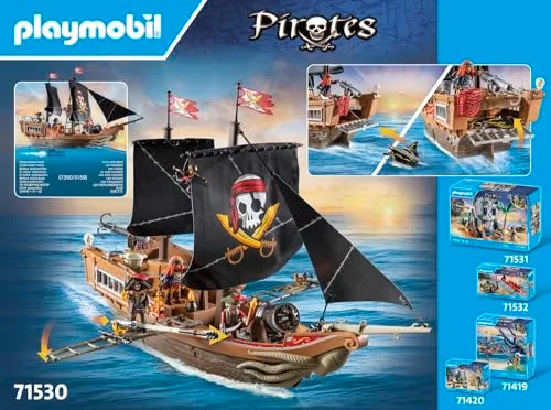 PLAYMOBIL ▫️ Pirates 71530 Grande Navio Pirata, emocionante batalha naval e caça ao tesouro secreta em alto mar, incluindo canhões, projéteis e âncora, brinquedos para crianças a partir dos 4 anos 5