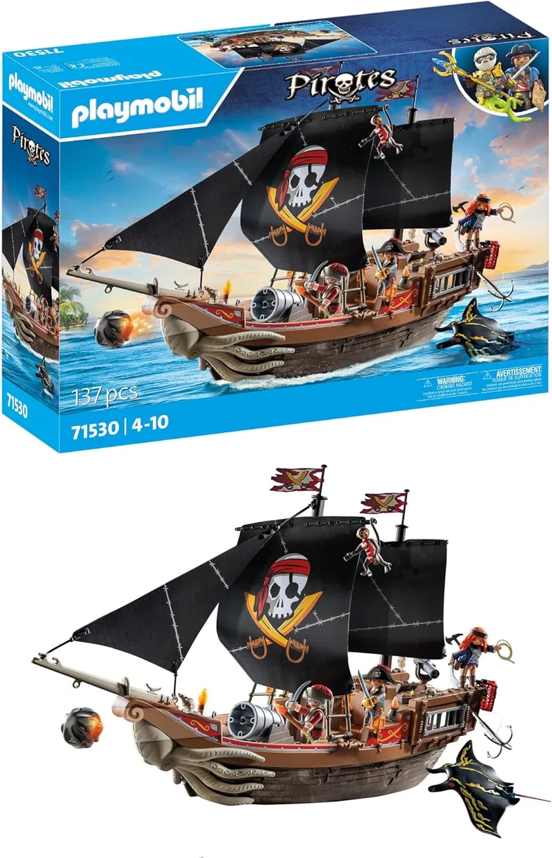 PLAYMOBIL ▫️ Pirates 71530 Grande Navio Pirata, emocionante batalha naval e caça ao tesouro secreta em alto mar, incluindo canhões, projéteis e âncora, brinquedos para crianças a partir dos 4 anos