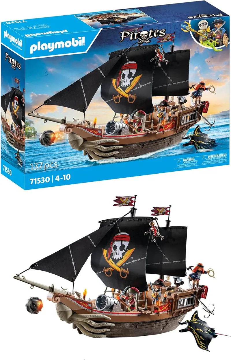 PLAYMOBIL ▫️ Pirates 71530 Grande Navio Pirata, emocionante batalha naval e caça ao tesouro secreta em alto mar, incluindo canhões, projéteis e âncora, brinquedos para crianças a partir dos 4 anos