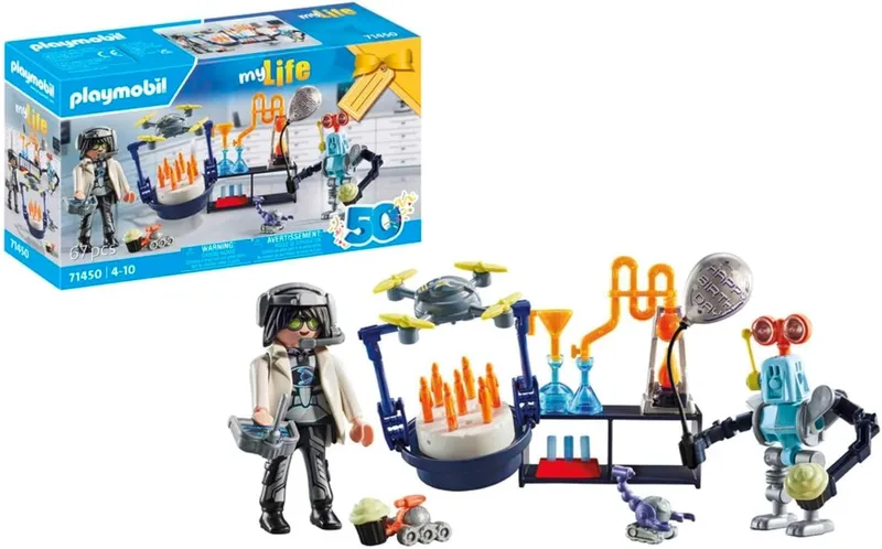 PLAYMOBIL ▫️ myLife 71450 Investigador com Robôs, Festa temática de Ciência no Laboratório, com um drone de transporte e robôs incluídos, Brinquedos para crianças a partir dos 4 anos