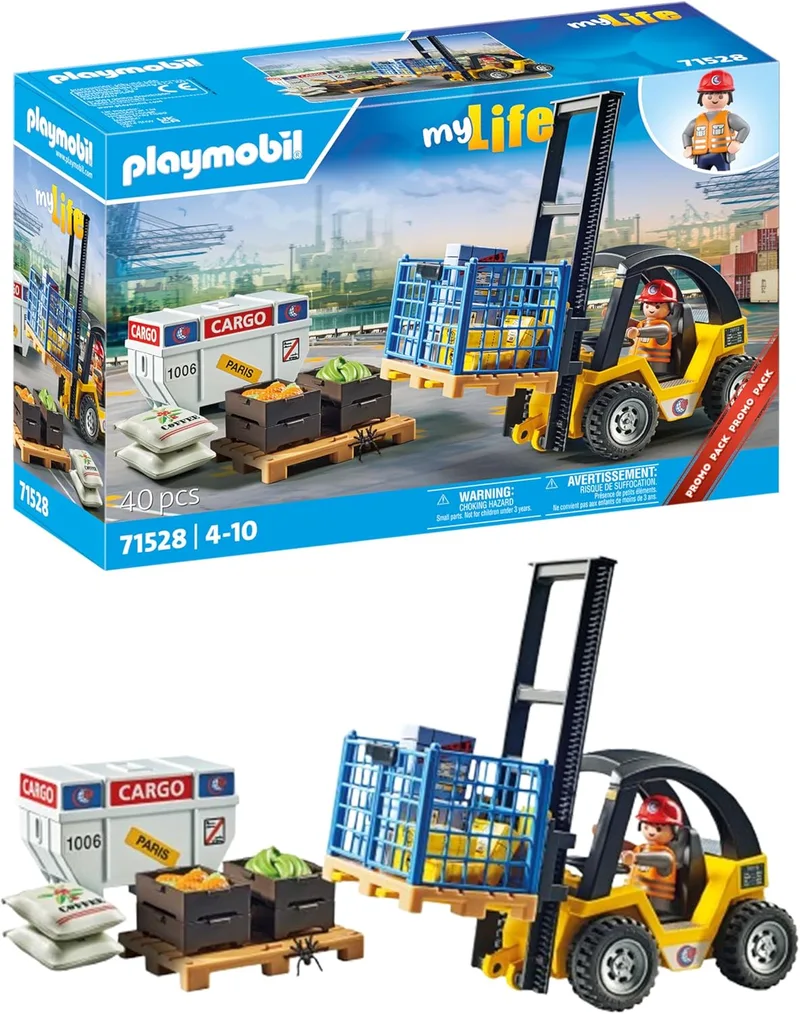 PLAYMOBIL ▫️ myLife Promo Pack 71528 Empilhador, emocionantes tarefas de logística no porto, incluindo paletes e vários artigos em stock, brinquedos para crianças a partir dos 4 anos
