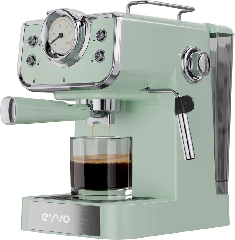 EVVO ▫️ Máquina de café expresso Intense Retro Green - Máquina de café expresso, 15 barras, 950 W, aço inoxidável, braço duplo, bloco térmico, pré-aquecimento rápido, 1,5 L, vaporizador, suporte para filtro, suporte para filtro