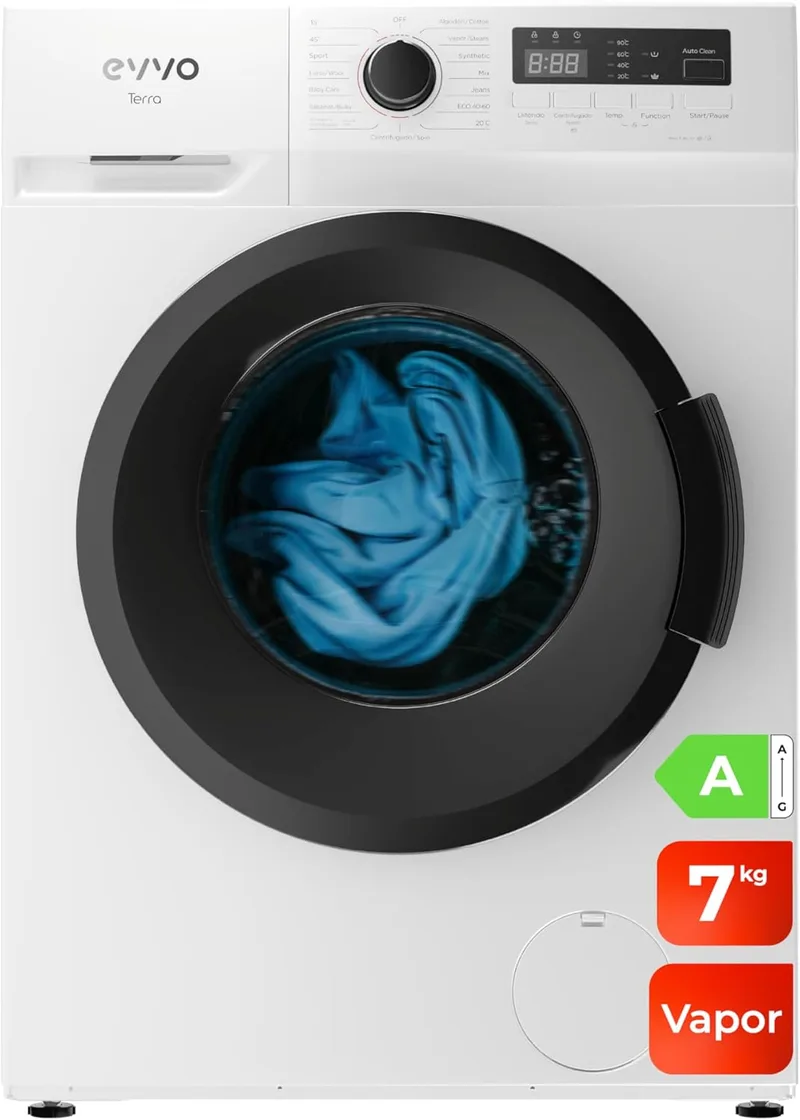 EVVO ▫️ Máquina de lavar roupa 7kg, Vapor, Classe A, Motor Inverter, Lavagem rápida 15', Profundidade estreita 40cm, Baixo consumo, 1400 rpm, 15 programas, Início diferido, Carregamento frontal, Branco, Terra (7Kg)