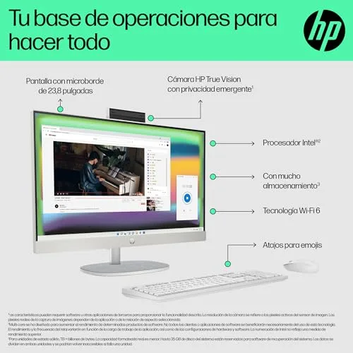 HP ▫️ All-in-One 24-cr0013ss - Computador de secretária de 23,8" FHD (Intel Core i3-N300, 8 GB de RAM, SSD de 512 GB, Intel UHD Graphics, sem sistema operativo) Branco - Teclado QWERTY espanhol 2