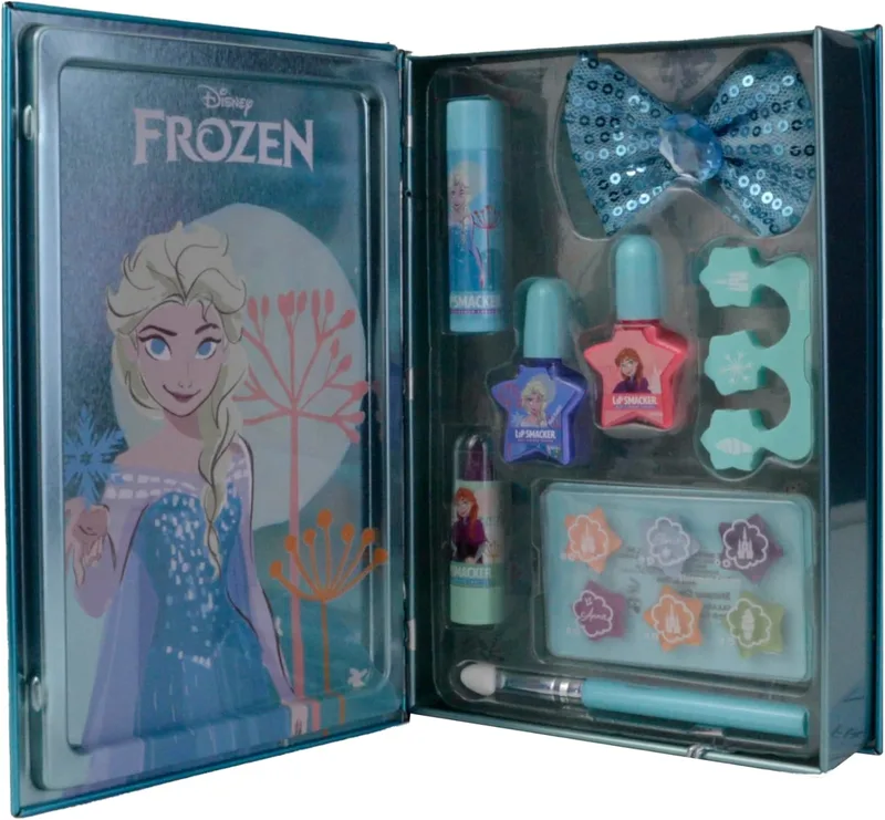 Lip Smacker ▫️ Frozen Beauty Book Tin, Conjunto de maquilhagem Frozen para meninas com bálsamo labial, sombras de olhos, vernizes para unhas e acessórios para o cabelo incluídos