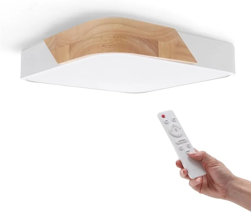 M Ledme ▫️ Candeeiro de teto LED quadrado branco 24W com controlo remoto, regulável 2700K-6500K frio a branco quente, 2400LM, design branco com madeira natural, para casa de banho, cozinha, varanda,LM8282