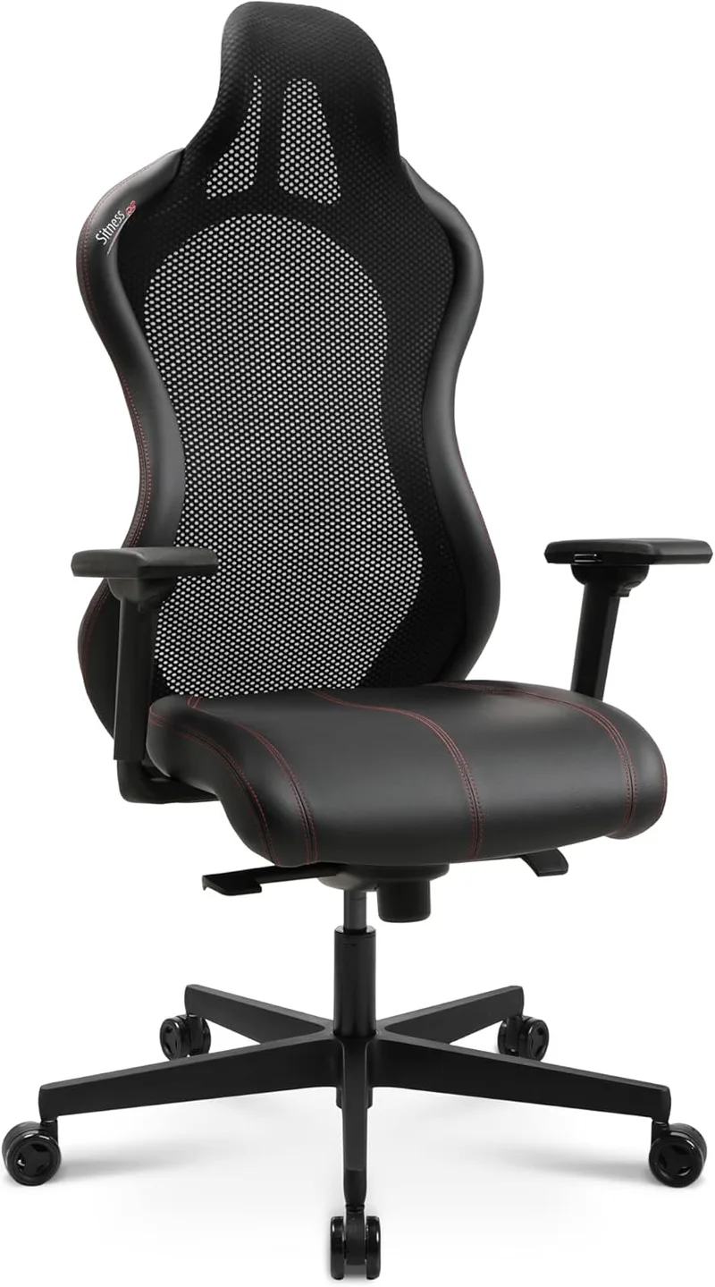 Topstar ▫️ Sitness RS Sport Plus Continental - Cadeira de escritório (em pele sintética, incluindo apoios para os braços, costura preta), vermelho e preto