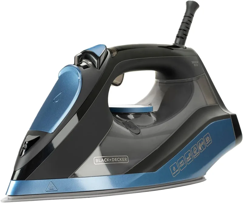 Black+Decker ▫️ BXIR2801E - Ferro a vapor, 2800 W, cerâmica, jato de vapor de 180 g/min, vapor contínuo a 45 g/min, função de autolimpeza, filtro duplo anticalcário, desligamento automático, azul, dourado