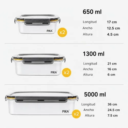 PIKA ▫️ Conjunto de 5 recipientes para alimentos em aço inoxidável | 1 x 5000 ml + 2 x 1300 ml + 2 x 650 ml | Oferta especial para conjuntos de cozinha | Compatível com micro-ondas, forno e congelador; fácil de guardar 3