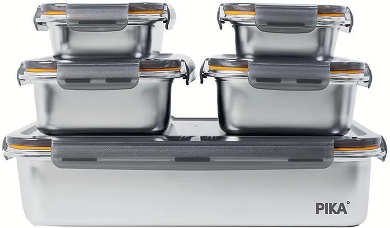 PIKA ▫️ Conjunto de 5 recipientes para alimentos em aço inoxidável | 1 x 5000 ml + 2 x 1300 ml + 2 x 650 ml | Oferta especial para conjuntos de cozinha | Compatível com micro-ondas, forno e congelador; fácil de guardar