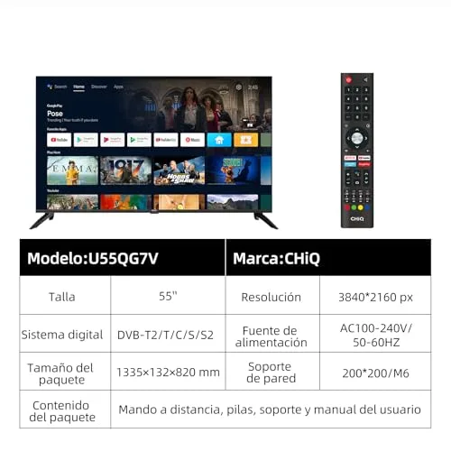 CHiQ ▫️ U55QG7V - Smart TV de 55 polegadas com ecrã QLED, UHD, Dolby Vision HDR10, compatível com Alexa, Assistente do Google, BT 5.0, HDMI 2.0, USB 2.0, H.264, H.265, modelo preto de 2023 2