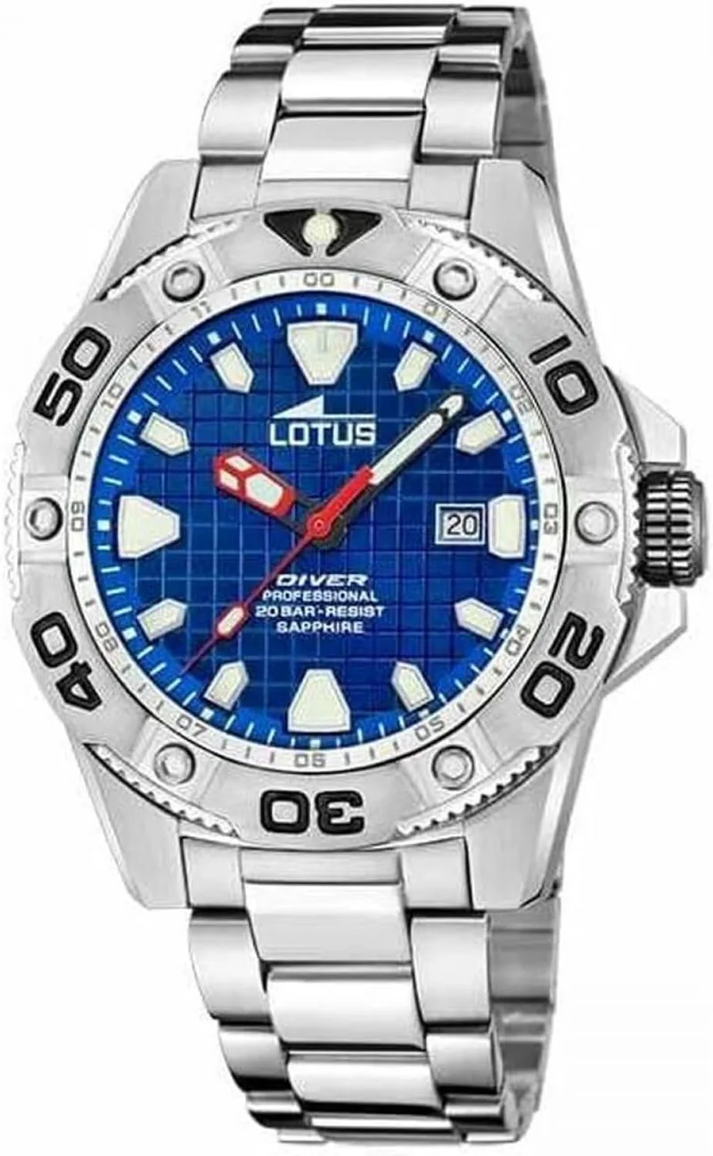 LOTUS ▫️ Relógio analógico para homem em aço inoxidável 316 com banho de prata - Movimento de quartzo - Calendário - Cristal de safira de alta resistência - Resistência à água 20 ATM 18929/B Diver