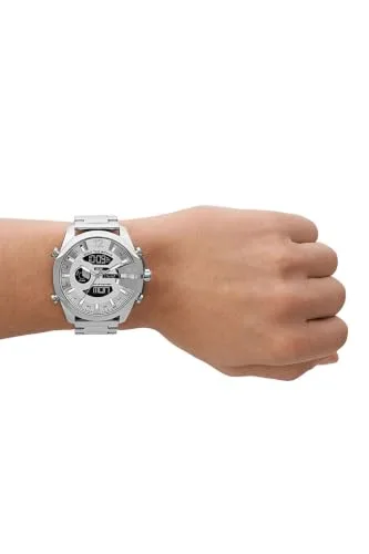 Diesel ▫️ Relógio Mega Chief para homem, movimento Ana-Digi com bracelete em silicone, aço inoxidável ou pele, 51 mm, tom prateado 4
