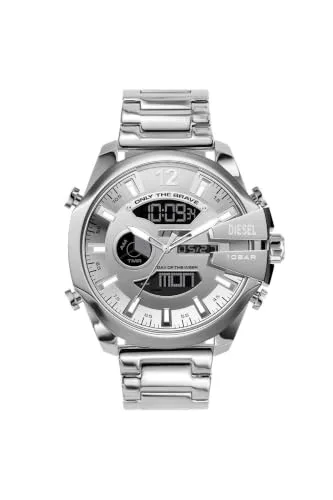 Diesel ▫️ Relógio Mega Chief para homem, movimento Ana-Digi com bracelete em silicone, aço inoxidável ou pele, 51 mm, tom prateado 5