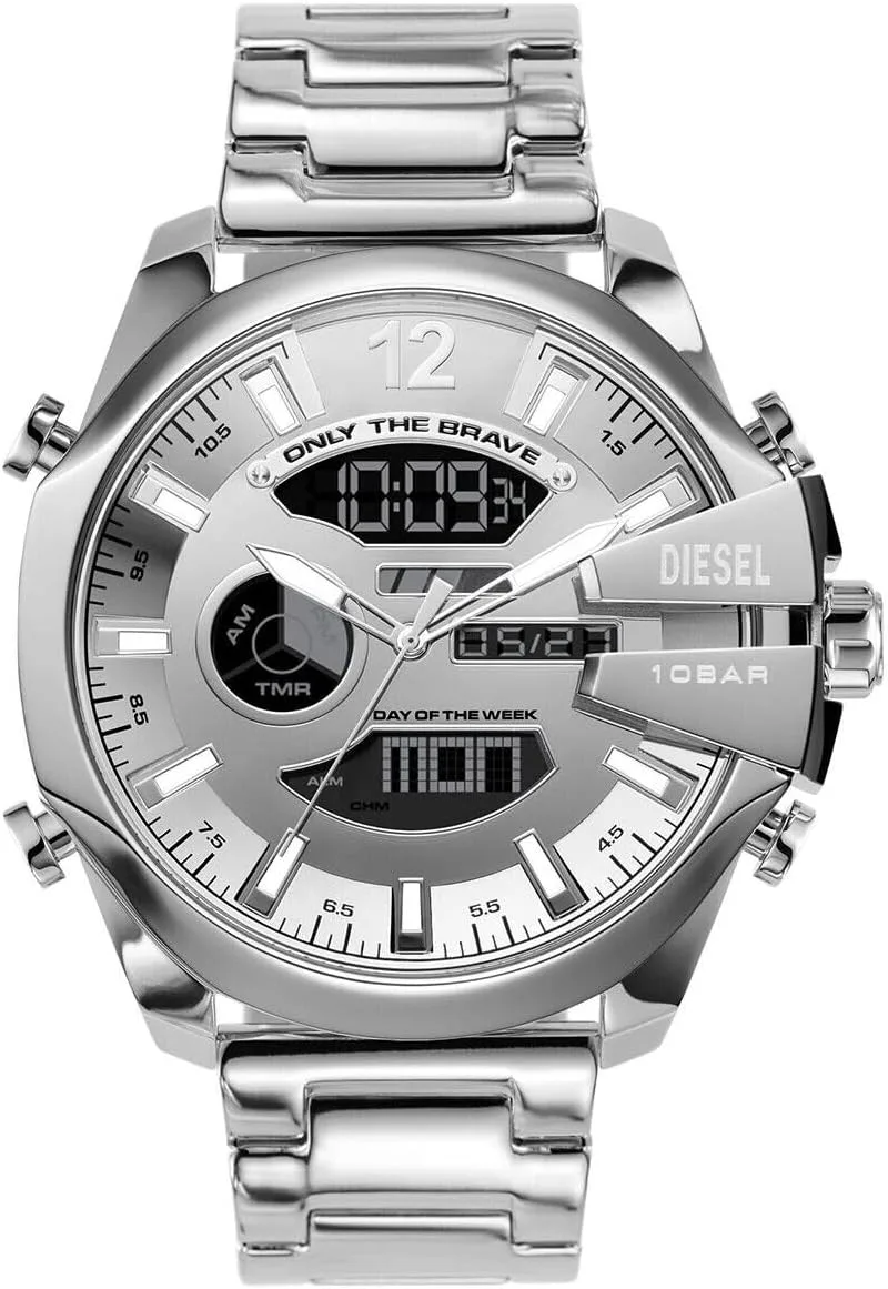Diesel ▫️ Relógio Mega Chief para homem, movimento Ana-Digi com bracelete em silicone, aço inoxidável ou pele, 51 mm, tom prateado