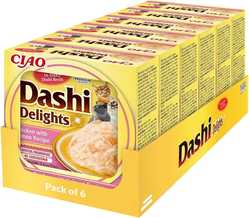 INABA ▫️ Dashi Delights - Pedaços num caldo de flocos de bonito com frango - Delicioso e saudável - Topping - Elevado teor de proteínas - Ingredientes naturais - Ração para gatos - 6 x 70 g